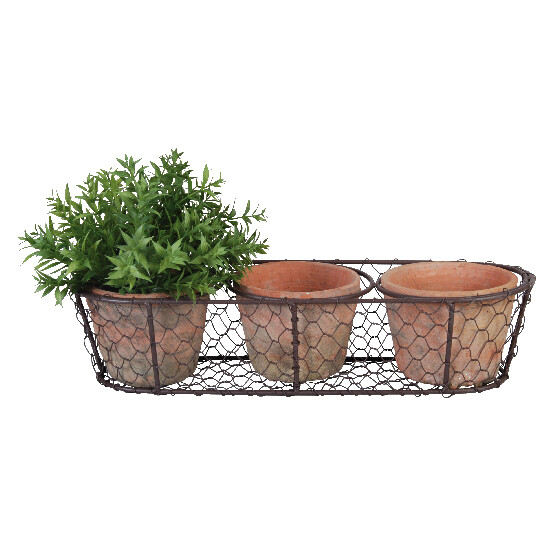 Wire basket "ESSCHERT´S GARDEN Robert & Stevens Potters, SINCE 1875 TERRACOTTA" with 3 terracotta flower pots|Esschert Design