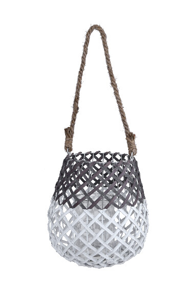 Wicker lantern with rope, grey-white, 23 x 23 x 28 cm | Ego Dekor