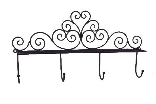Hanger with ornaments and 4 hooks, wall-mounted, black, 45 x 25 x 8.5 cm | Ego Dekor