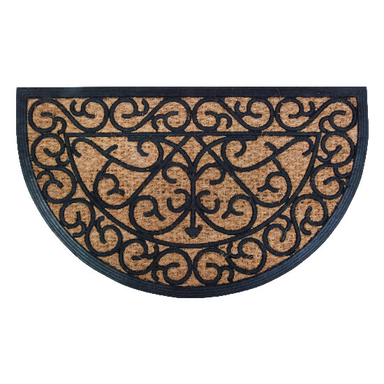 Gumová Rohožka "BEST FOR BOOTS" půlkulatá s kokosovým vláknem a ornamenty, černá, 74,5 x 45 cm|Esschert Design