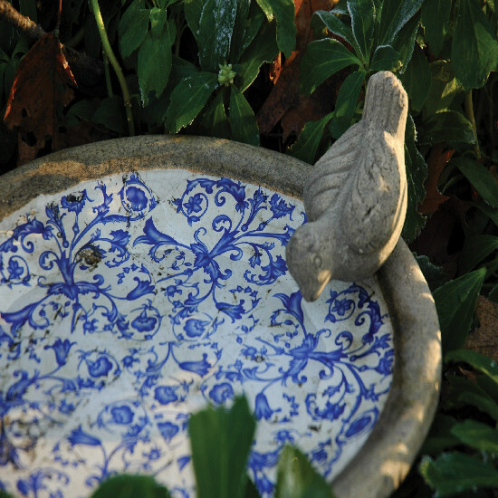Birdbath, blue-white ceramic 