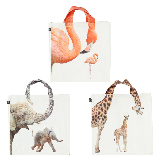 Torba na zakupy ZOO z kolorowym nadrukiem żyrafy, flaminga i słonia, wytrzymała z tekstylnymi uchwytami, 39 x 14 x 39 cm, opakowanie zawiera 3 sztuki!|Esschert Design