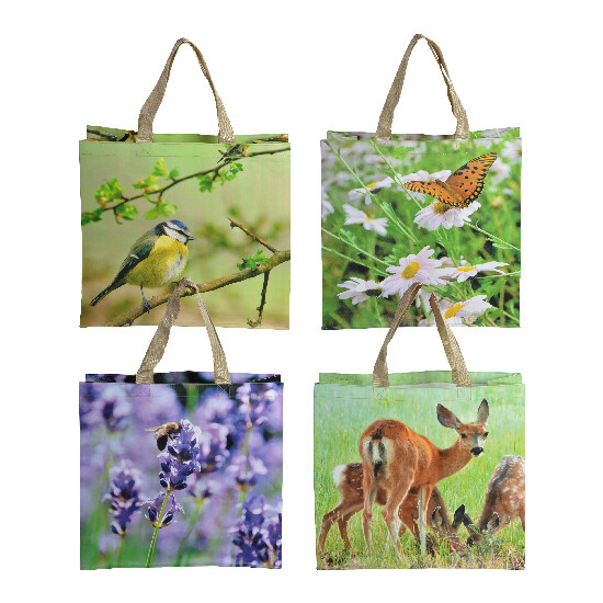 Colorful print of a tit on a branch, lavender flowers, deer grazing and a butterfly in a meadow, sturdy bag with textile handles, 39.5 x 14.5 x 40 cm, pack contains 4 pieces!|Esschert Design