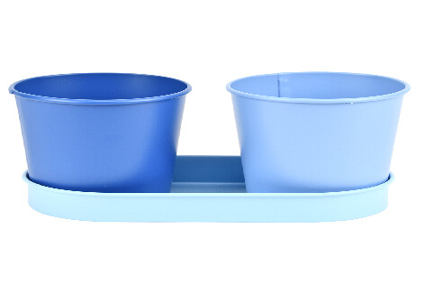 Květináč 2ks s podtáckem, kov, světle modrá (DOPRODEJ)|Esschert Design