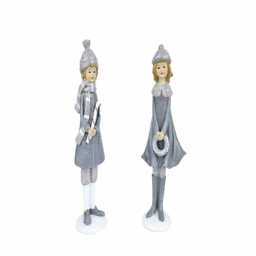 Decoration girl in winter with wand/wreath, grey/silver, 7x20x4.5cm, package contains 2 pieces!|Ego Dekor