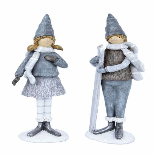 Decoration girl and boy with skis, gray/white, 6.5x33x11cm, package contains 2 pieces!|Ego Dekor