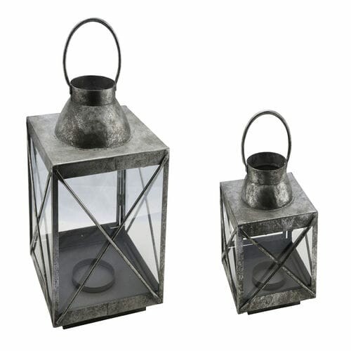 Metal lantern with glass, silver, 28x28x41cm, S2|Ego Dekor