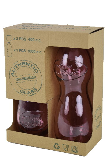 Butelka szklana z recyklingu i 2 sztuki szkła ECO z recyklingu „WODA”, różowa (opakowanie zawiera 1 zestaw)|Vidrios San Miguel|Szkło z recyklingu