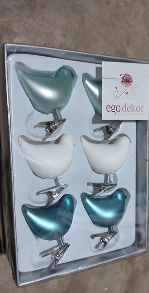 ED Tree decoration/Decoration BIRDS on clip, blue/white, box contains 6 pcs|Ego Dekor