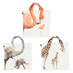 Taška nákupná ZOO, s farebnou potlačou žirafy, plameniaka a slona, ??pevná s textilnými úchopmi, 39 x 14 x 39 cm, balenie obsahuje 3 kusy!|Esschert Design
