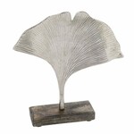 Dekoracja liści na podstawie metalowo-drewnianej GINKO, srebrna, 20x5x21,5cm (WYPRZEDAŻ)|Ego Dekor