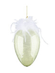 Vejce s peříčky na zavěšení, sklo, zelená|bílá, pr.6,2x8,6cm (DOPRODEJ)|Ego Dekor